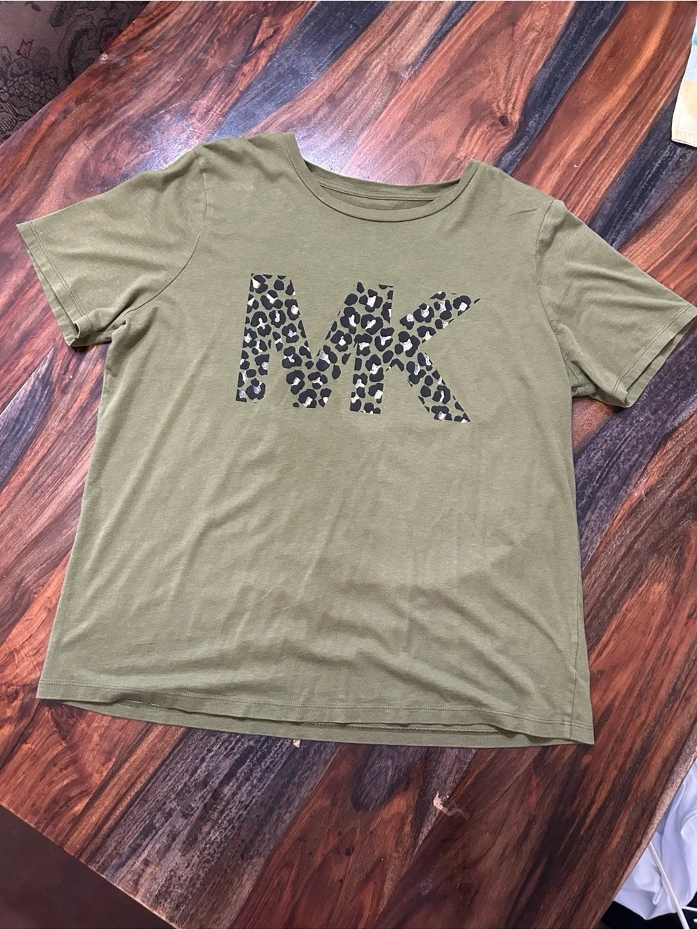 Michael Kors Olive Green Tee with Leopard MK Logo